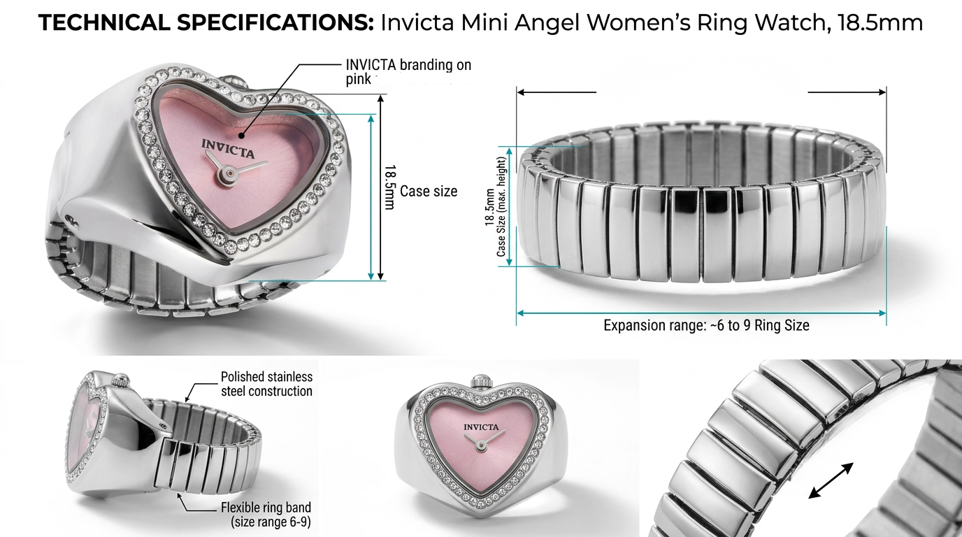 Invicta Angel Mini 49571 – White Gold Heart‑Shaped Halo Watch-Ring with Pink Dial