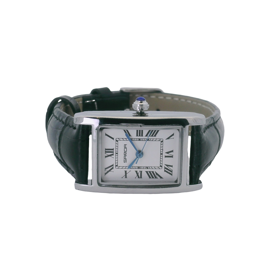 Elegant Samda Metal Watch with Black Leather Strap