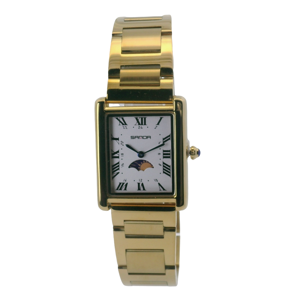 SAMDA WS107G Elegant "Tank" Sun & Moon Ladies Quartz Watch Gold-Tone - 24x31mm Rectangular