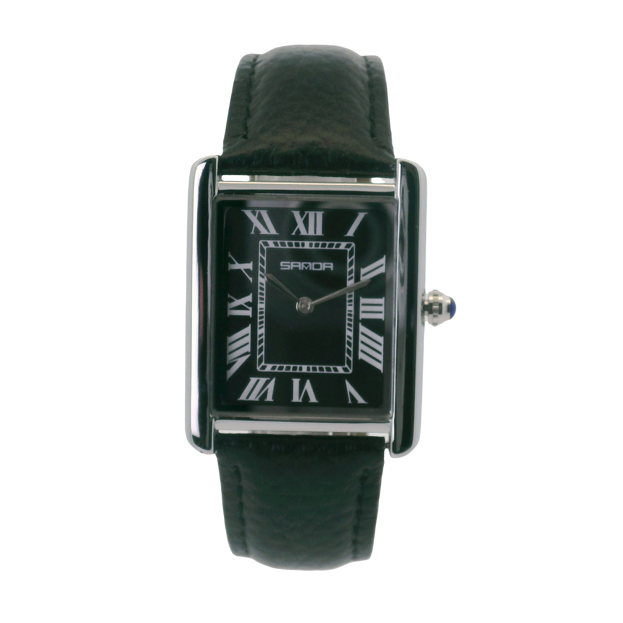 SAMDA WS104LB Elegant "Tank" Large Leather Strap - Quartz Watch Silver-Tone - 27x29mm Rectangular