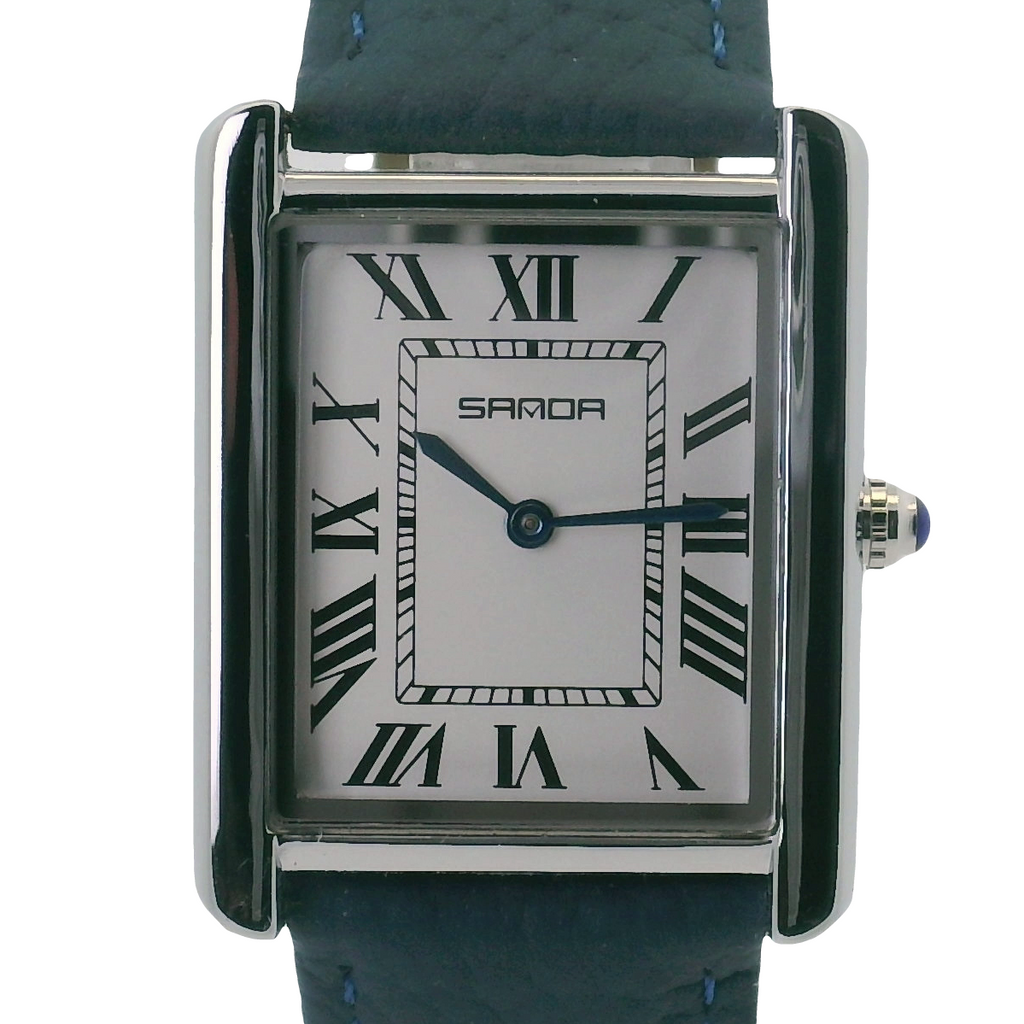 SAMDA WS104LA Elegant "Tank" Large Ladies Quartz Leather Strap Watch Silver-Tone - 27x29mm Rectangular
