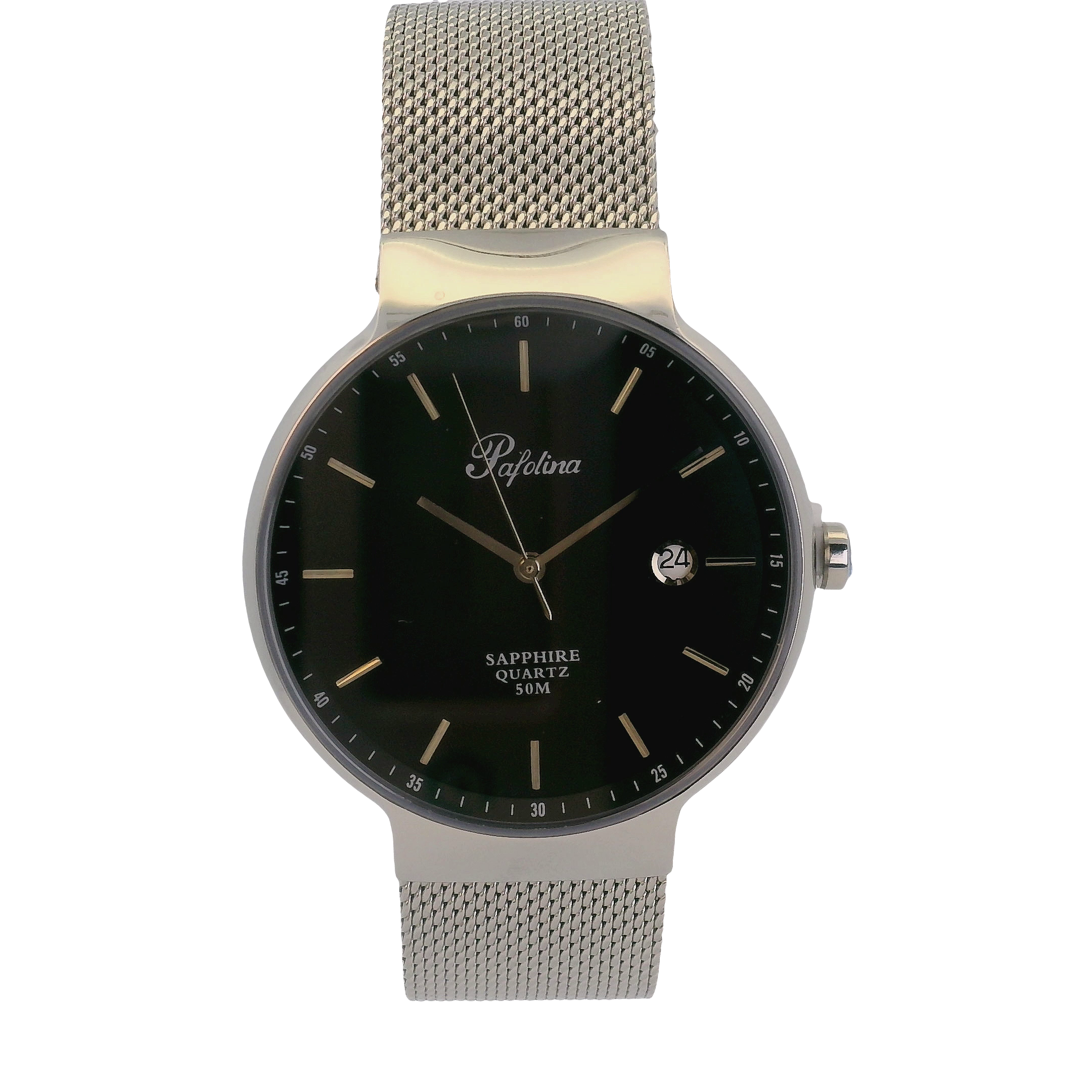 Pafolina Watch Minimalist – Scratch-resistant Sapphire Crystal Black & Silver-Tone Mesh Edition 40mm