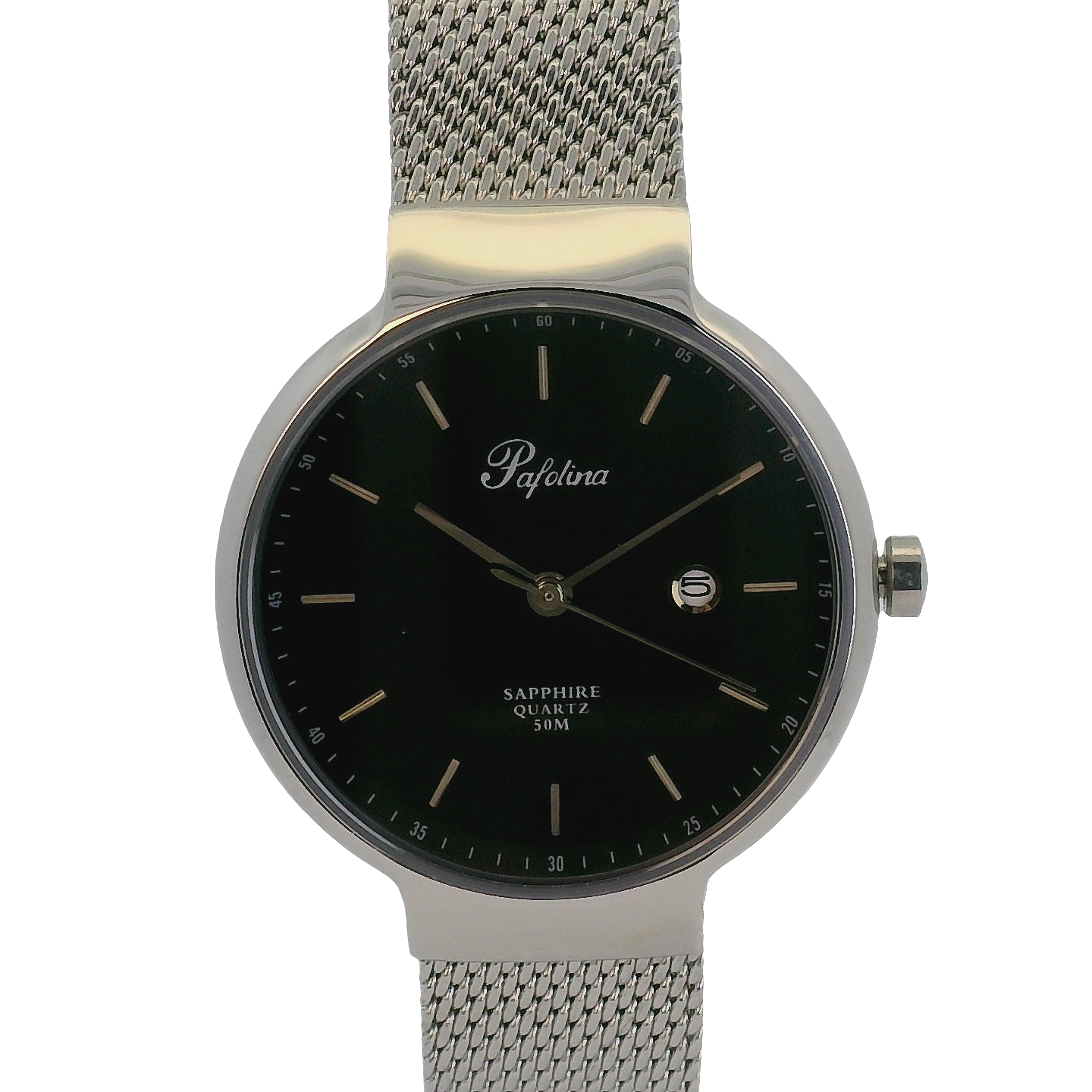 Pafolina Watch Minimalist – Scratch-resistant Sapphire Crystal Black & Silver-Tone Mesh Edition 30mm