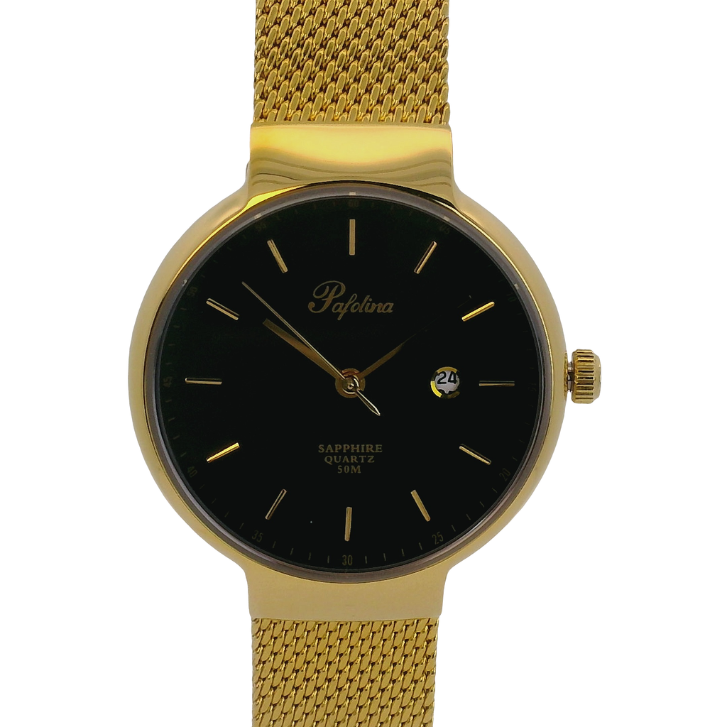 Pafolina Watch Minimalist – Scratch-resistant Sapphire Crystal Black & Gold-Tone Mesh Edition 30mm