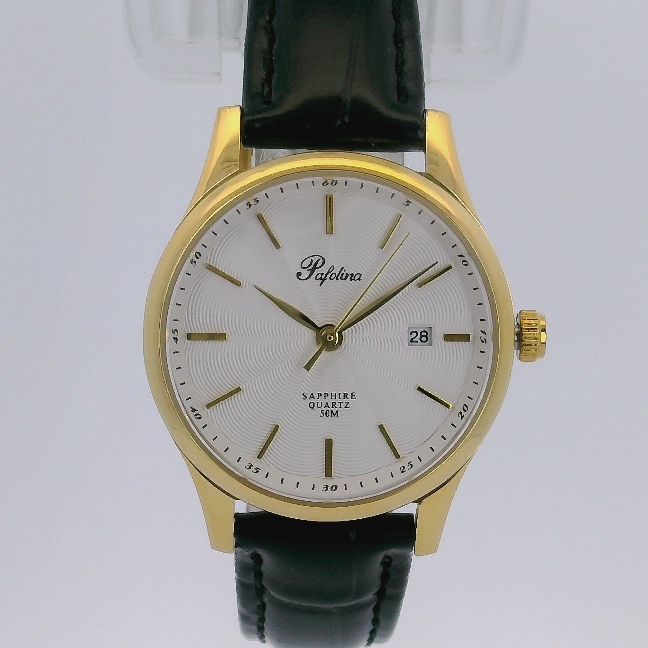 Pafolina Elegant Sapphire Quartz – Classic White Dial Gold & Black 28mm