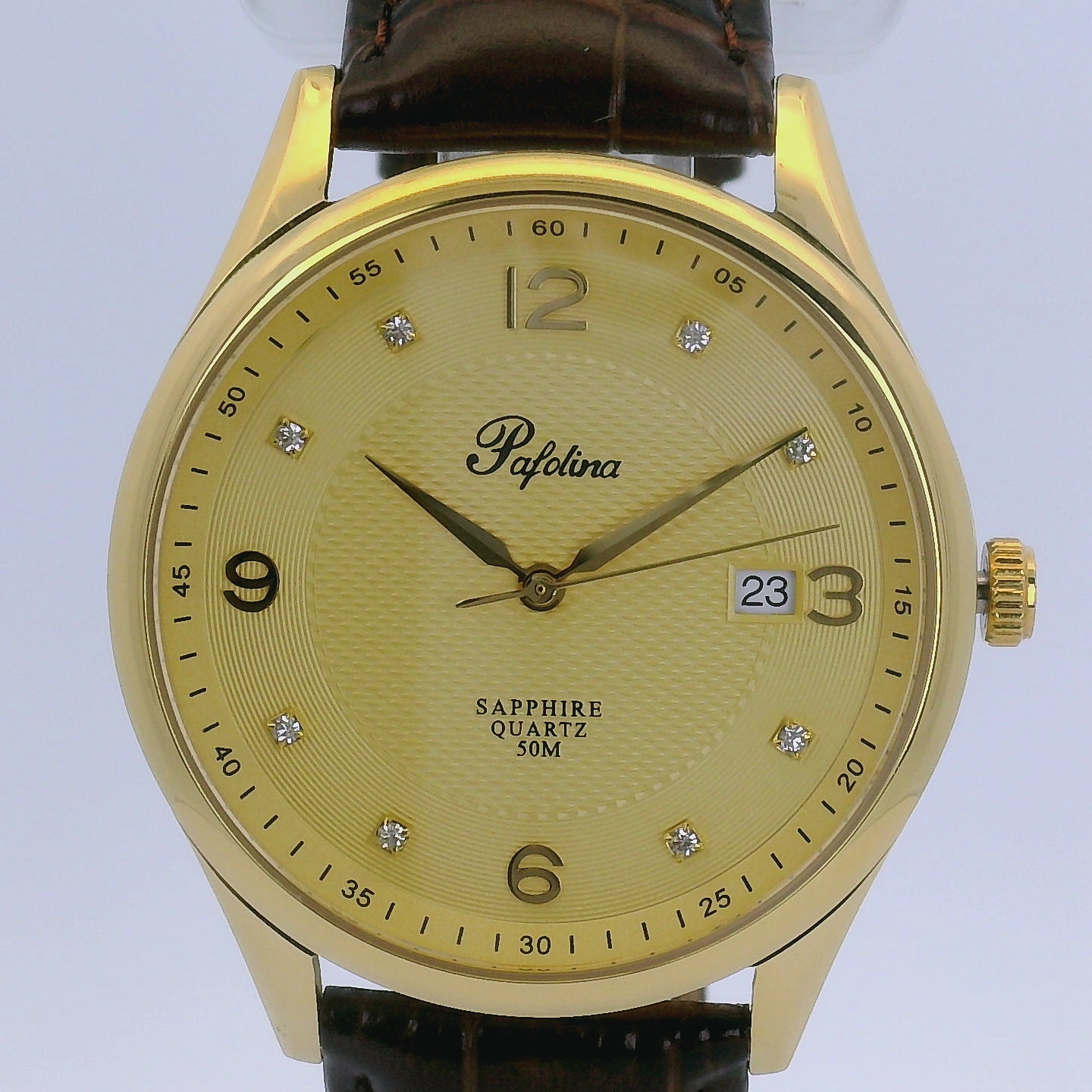 Pafolina Elegant Sapphire Quartz – Classic Gold-Tone & Brown 40mm