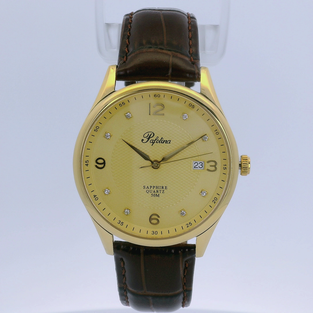Pafolina Elegant Sapphire Quartz – Classic Gold-Tone & Brown 40mm