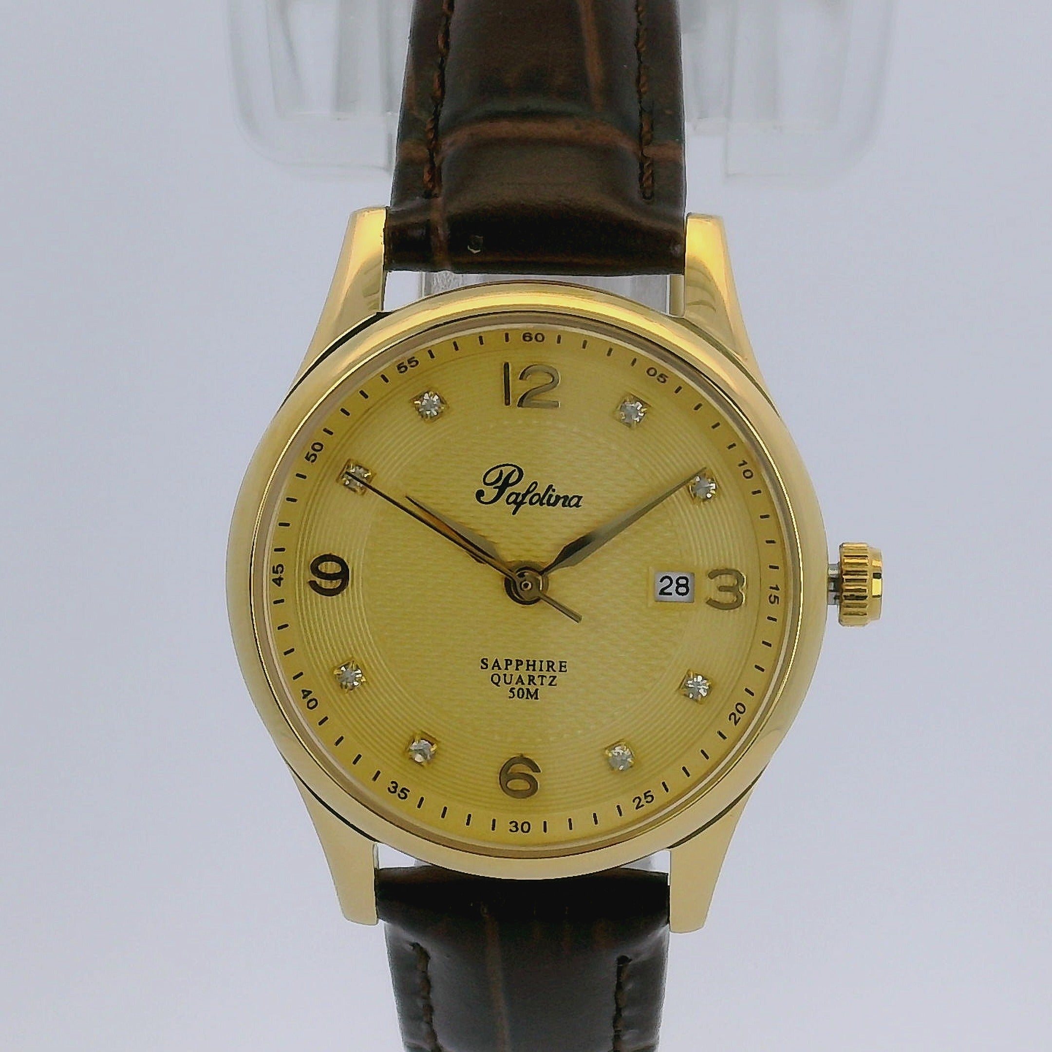 Pafolina Watch Elegant Sapphire Quartz – Classic Gold-Tone & Brown Leather Strap 28 mm
