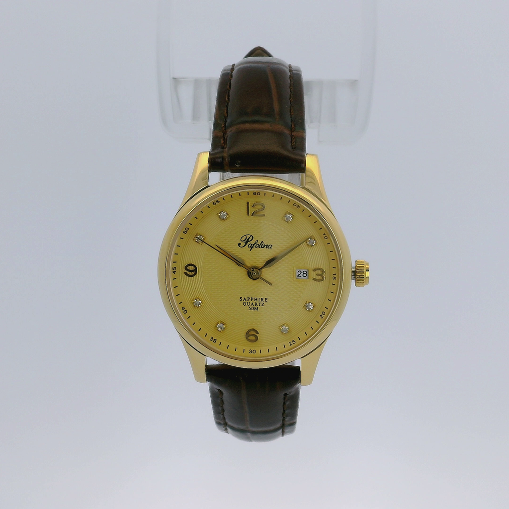 Pafolina Watch Elegant Sapphire Quartz – Classic Gold-Tone & Brown Leather Strap 28 mm