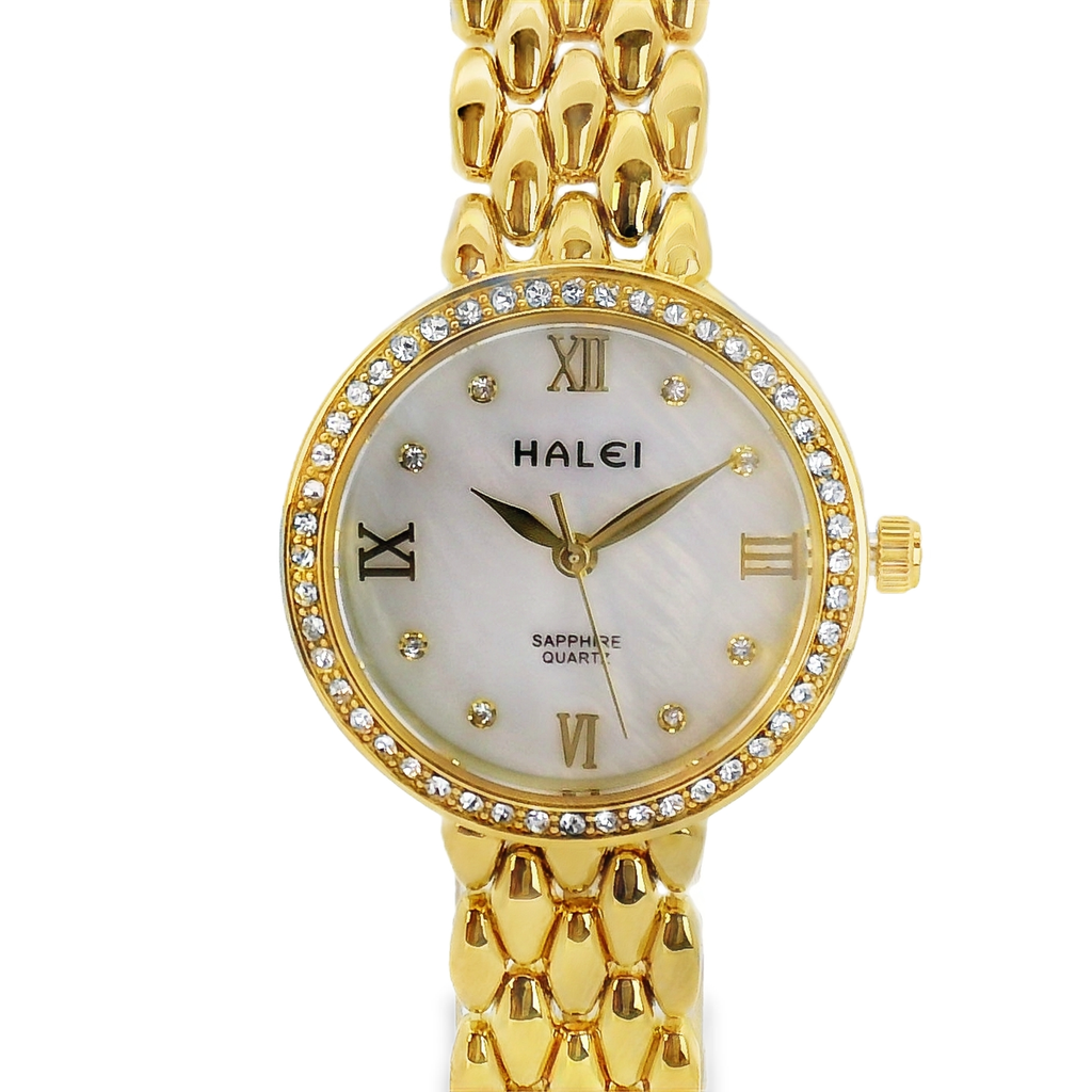 Halei Gold-Tone Watch with Fluted Bezel and Jubilee Bracelet