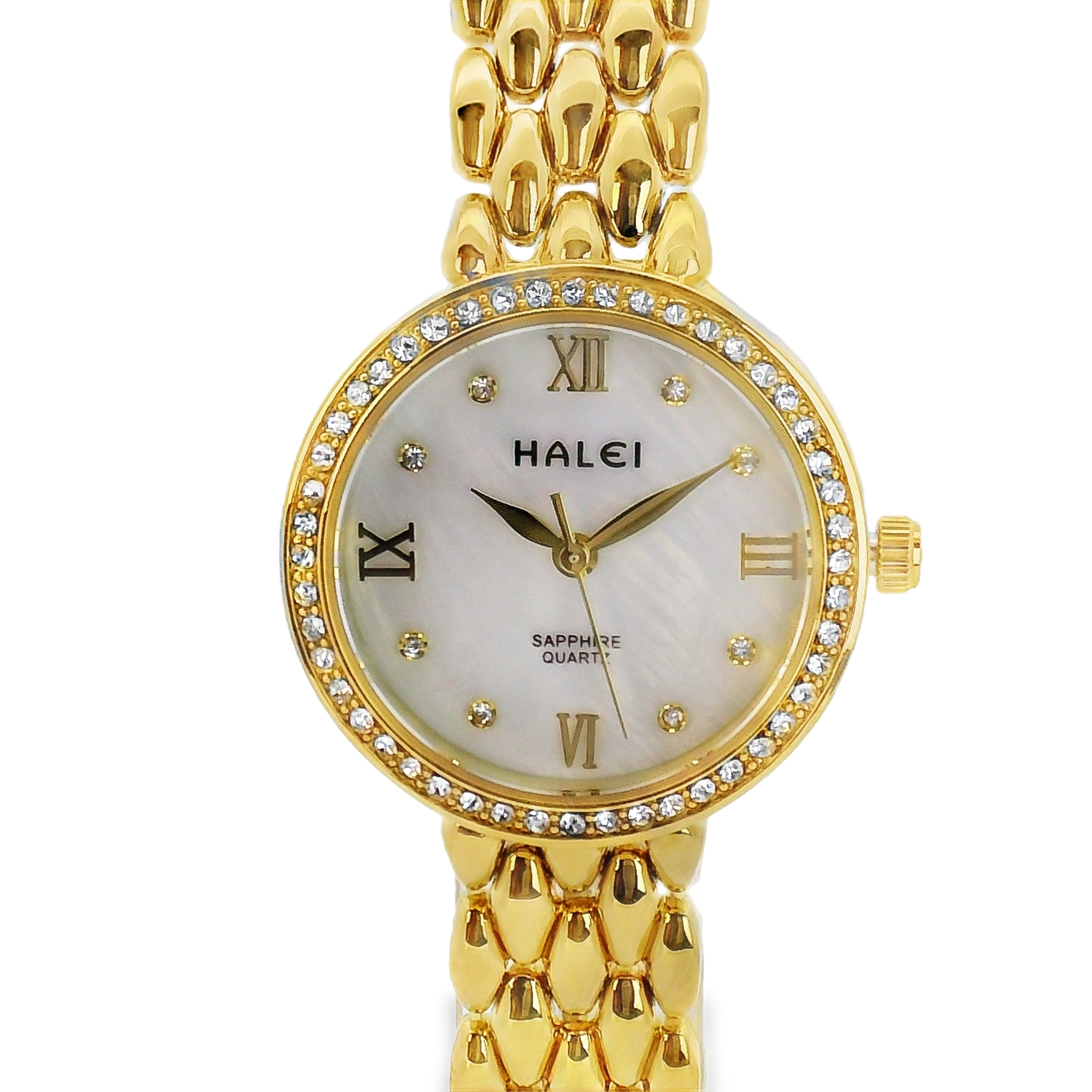 Halei Gold-Tone Watch with Fluted Bezel and Jubilee Bracelet