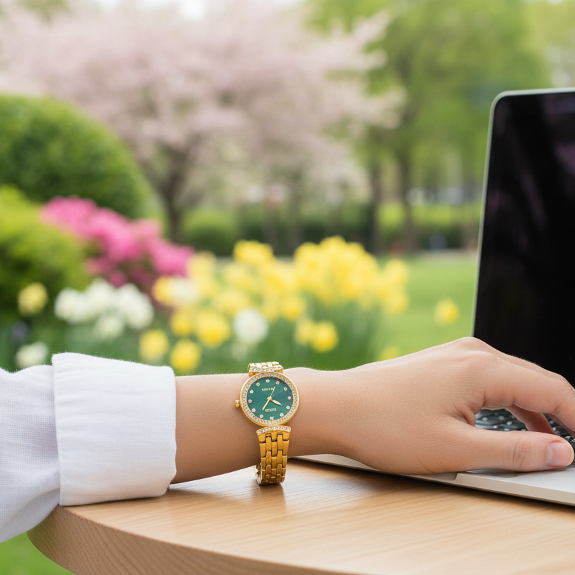 Halei Gold-Tone Watch with Fluted Bezel and Jubilee Bracelet