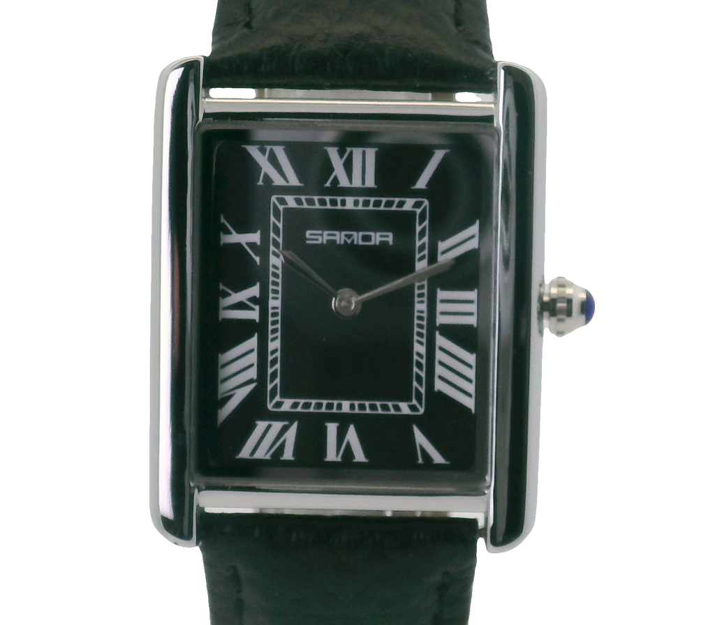 SAMDA WS104LB Elegant "Tank" Large Leather Strap - Quartz Watch Silver-Tone - 27x29mm Rectangular