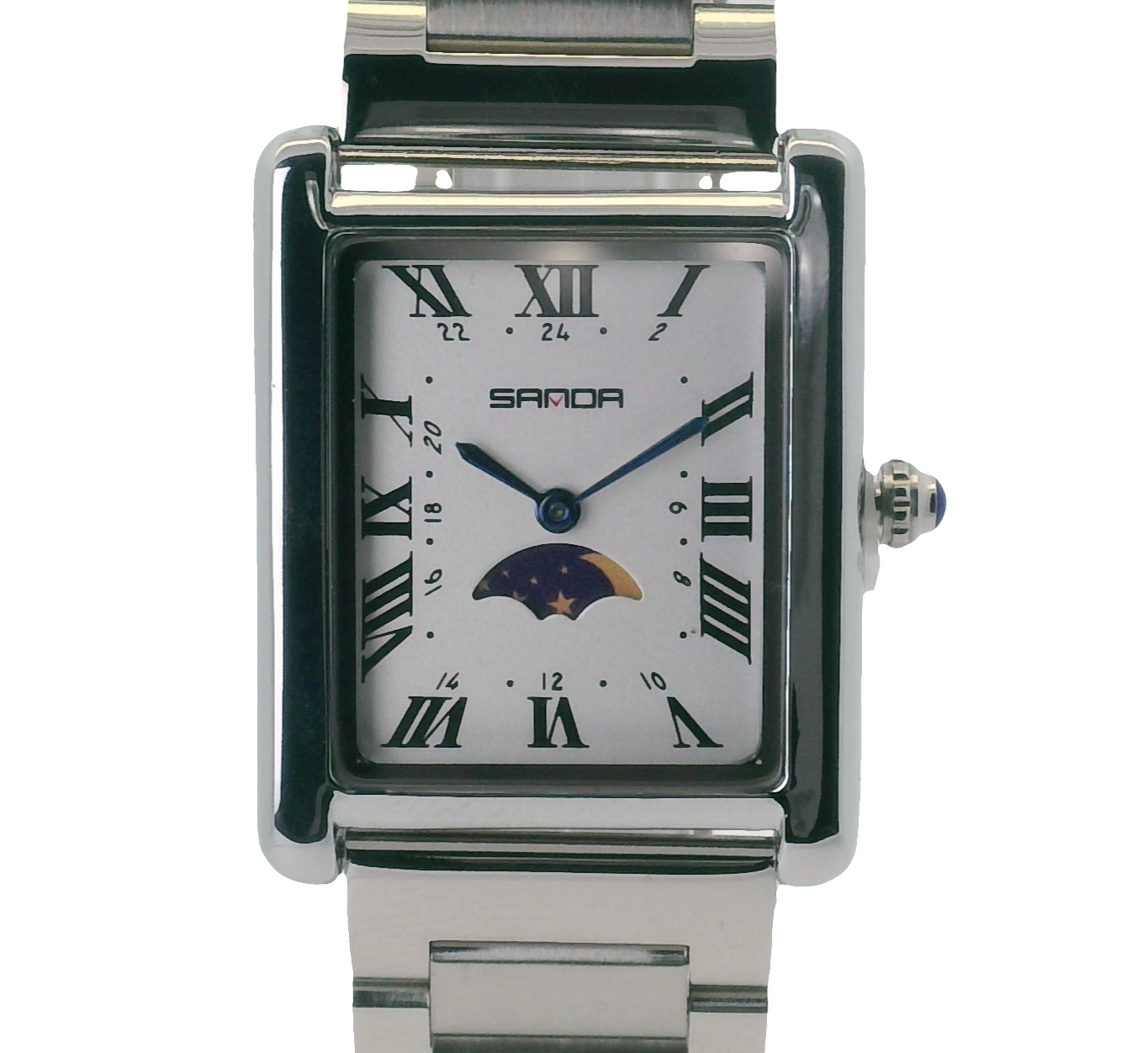 SAMDA WS107S Elegant "Tank" Sun & Moon Ladies Quartz Watch Silver-Tone - 24x31mm Rectangular