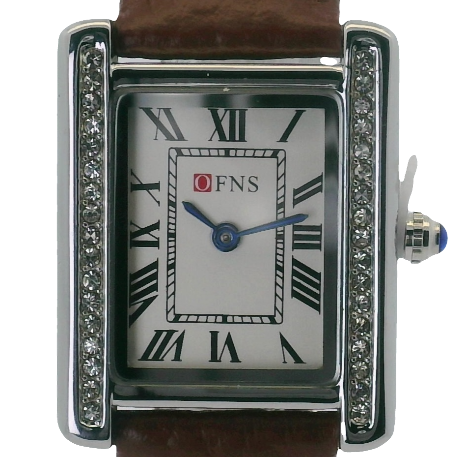 OFNS WS108WLB Elegant "Tank" Crystal Small Ladies Quartz Watch Silver-Tone - 24.5mm Square