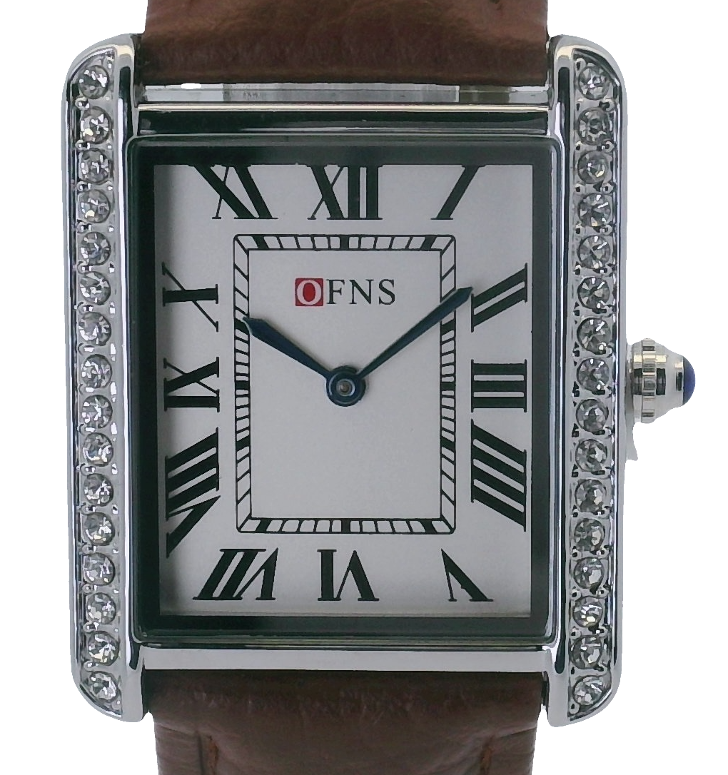 OFNS WS108WBL Elegant "Tank" Large Crystal Quartz Watch Silver-Tone - 28mm rectangular