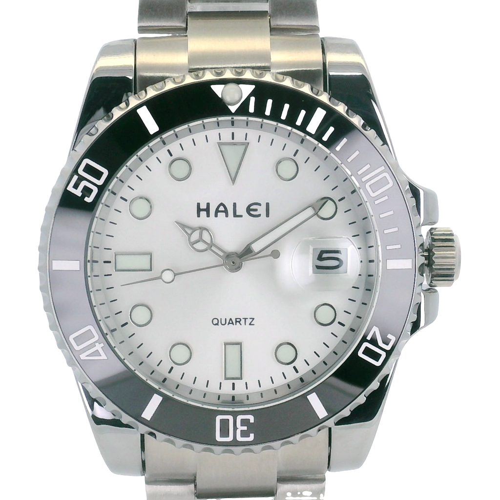 Halei Dive 40 mm Stainless Steel Back Watch – Water‑Resistant, Silver-Tone Bracelet, Fast UK Delivery