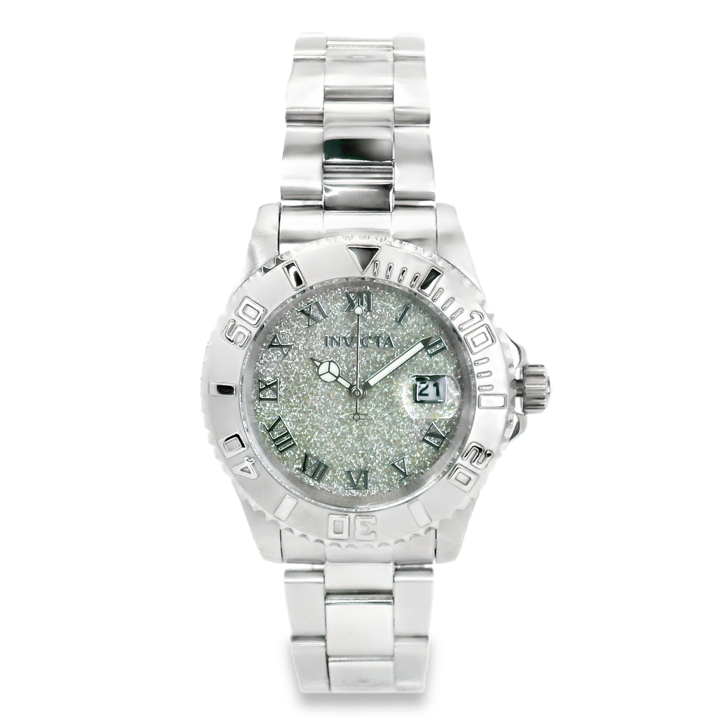 White Gold-Tone Stainless Steel Crystal Watch – 40mm Rotating Bezel, Date Window, Luxury -Quartz