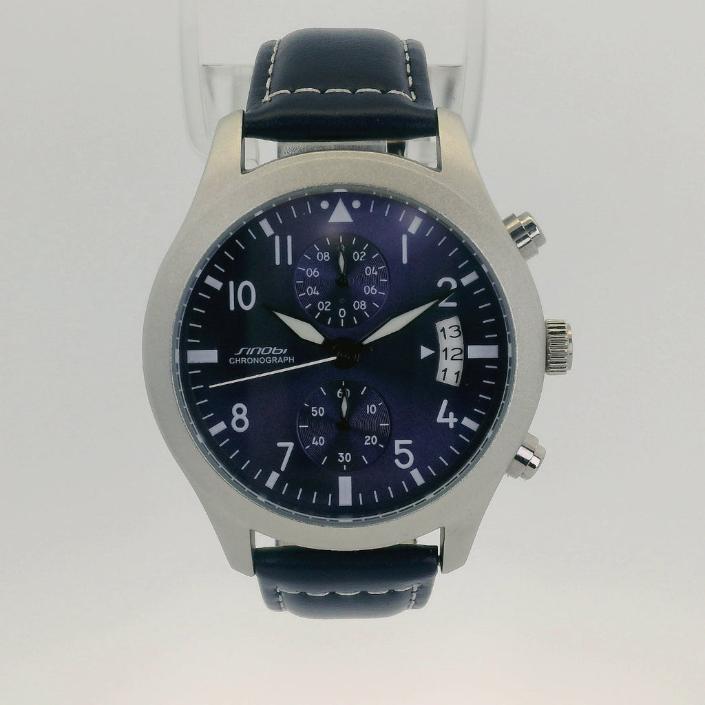 Watch Chronograph Sinobi Date Quartz Leather Strap Navy Blue 42mm