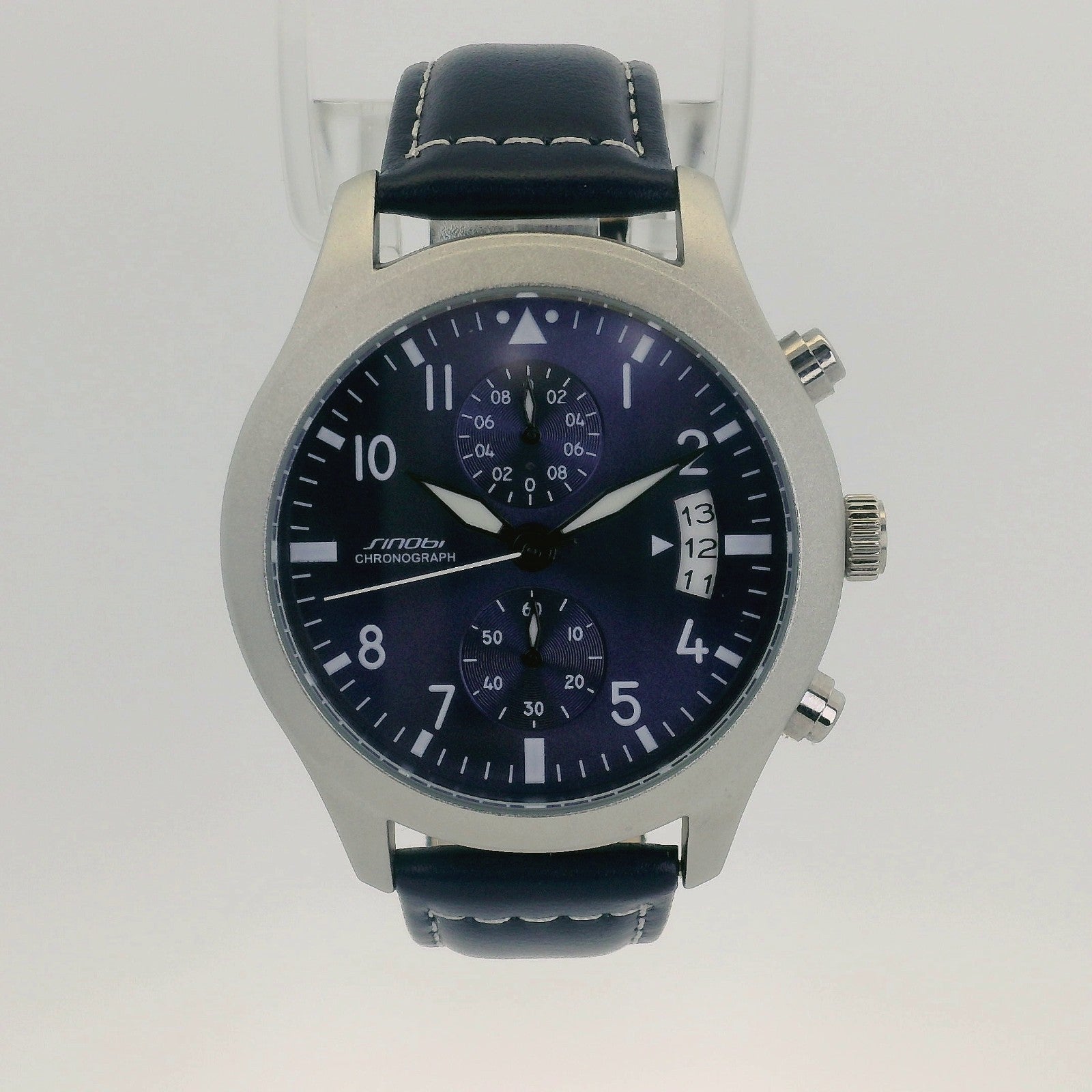 Watch Chronograph Sinobi Date Quartz Leather Strap Navy Blue 42mm