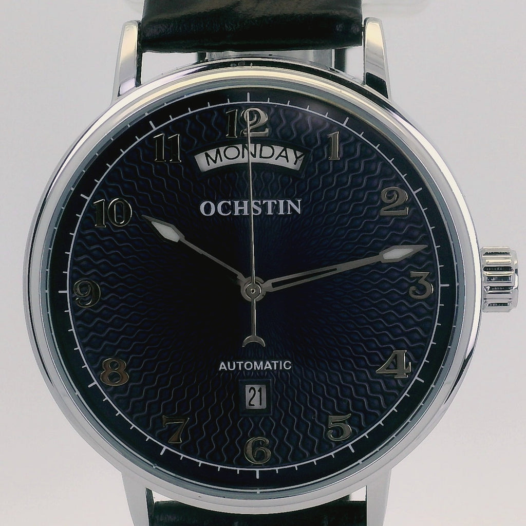 Automatic Mechanical Watch Day-Date Ochstin 22 jewels 42mm - Navy Blue Leather
