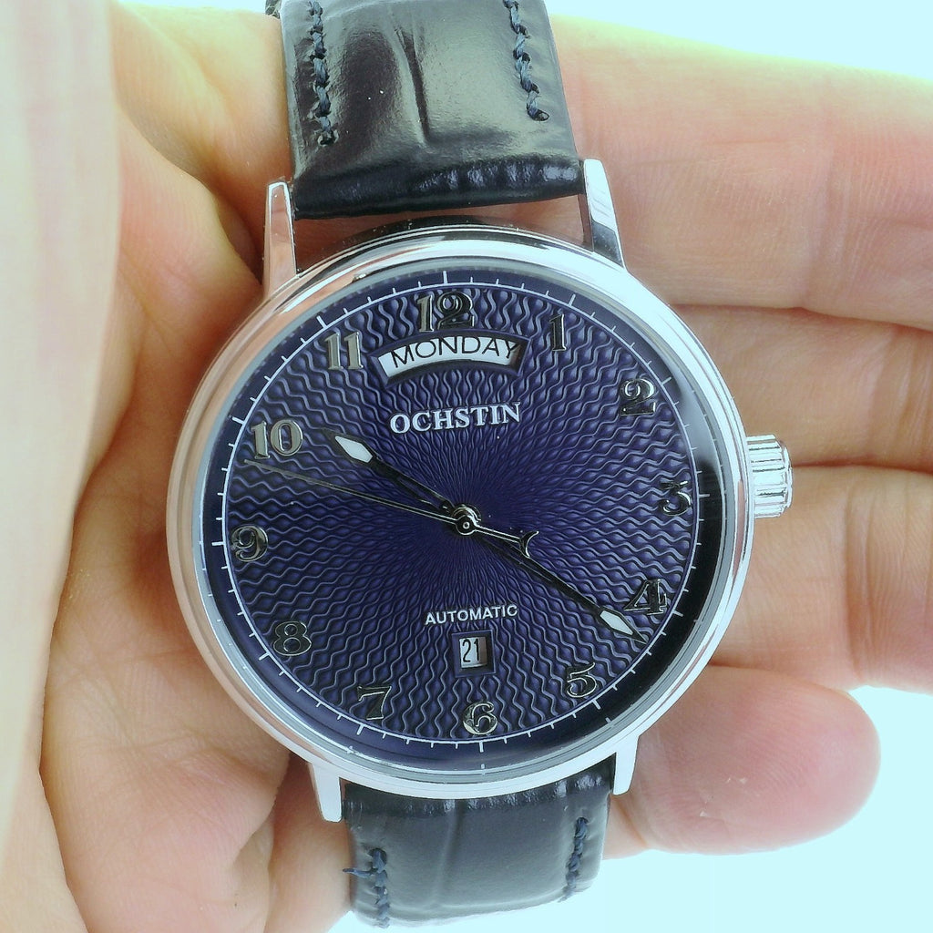 Automatic Mechanical Watch Day-Date Ochstin 22 jewels 42mm - Navy Blue Leather