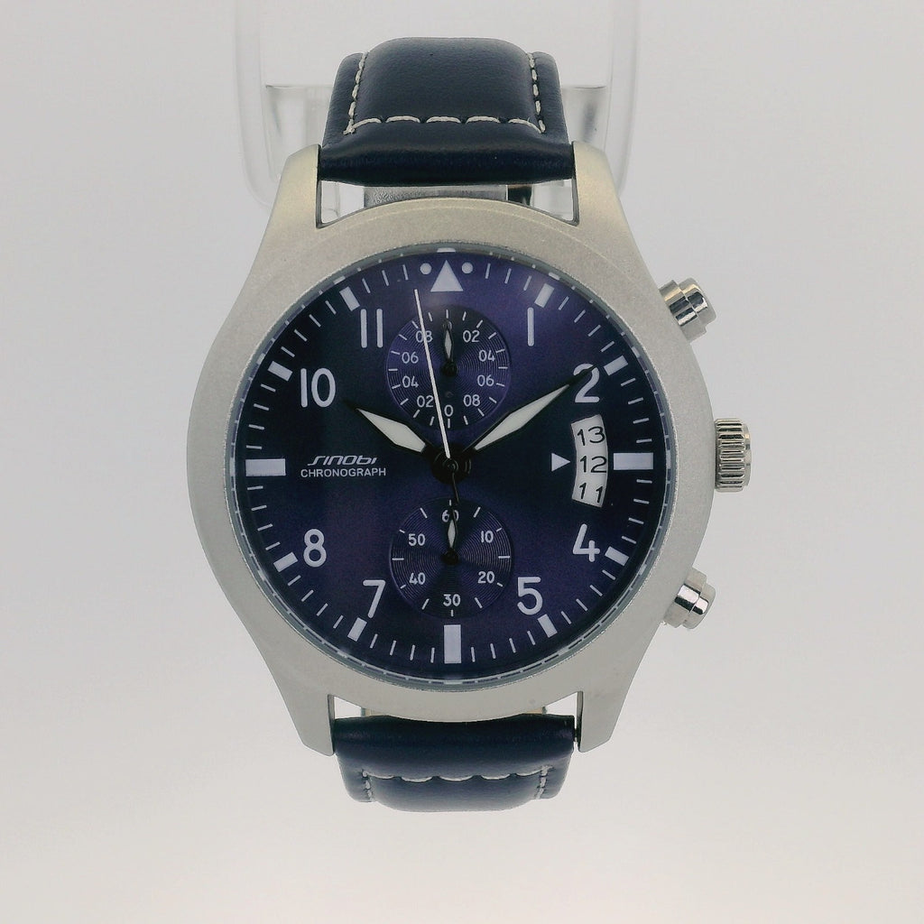 Watch Chronograph Sinobi Date Quartz Leather Strap Navy Blue 42mm