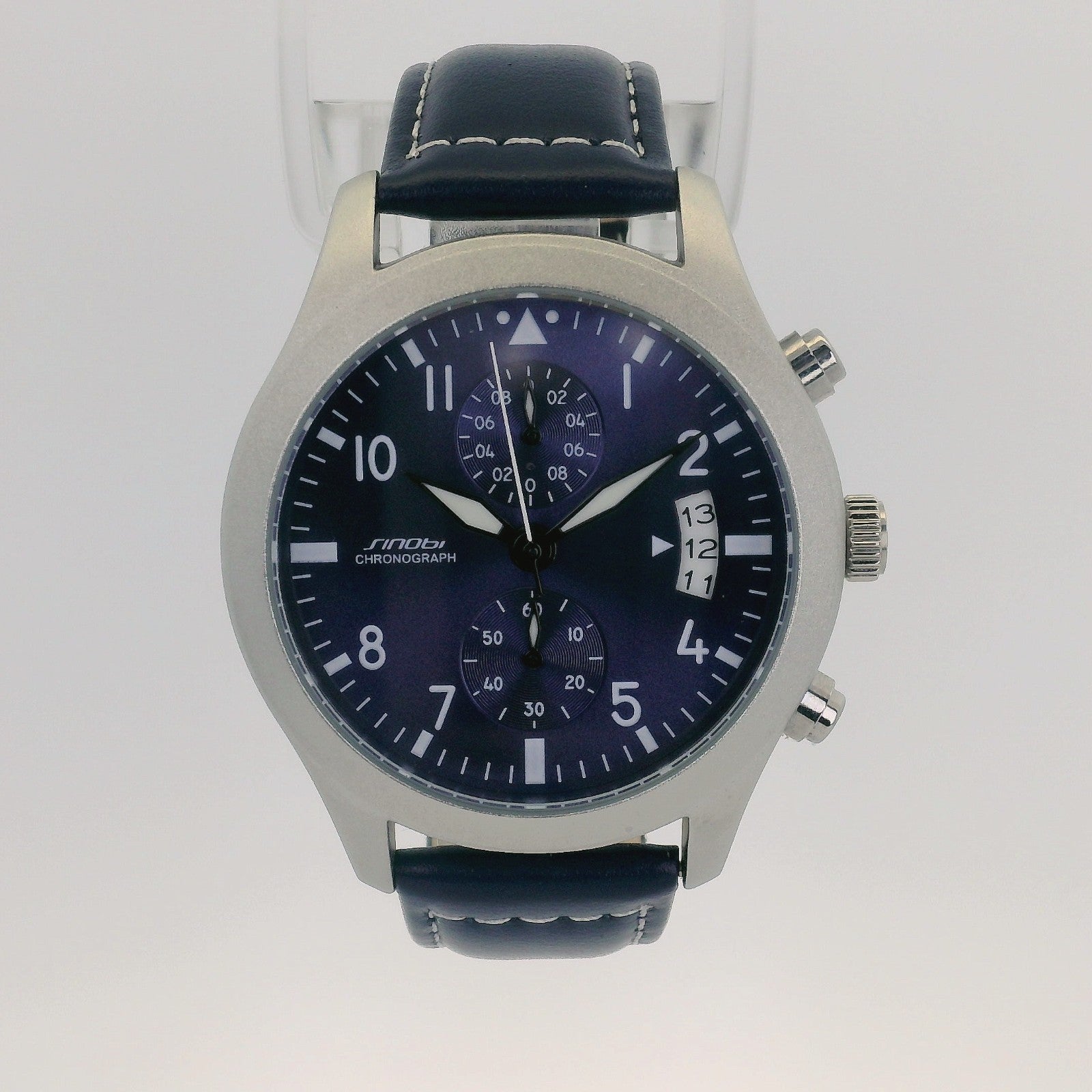 Watch Chronograph Sinobi Date Quartz Leather Strap Navy Blue 42mm