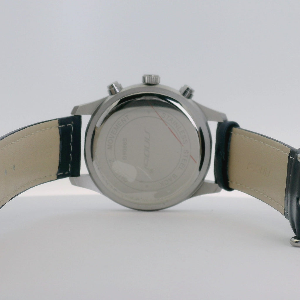 Watch Chronograph Sinobi Date Quartz Leather Strap Navy Blue 42mm