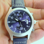 Watch Chronograph Sinobi Date Quartz Leather Strap Navy Blue 42mm
