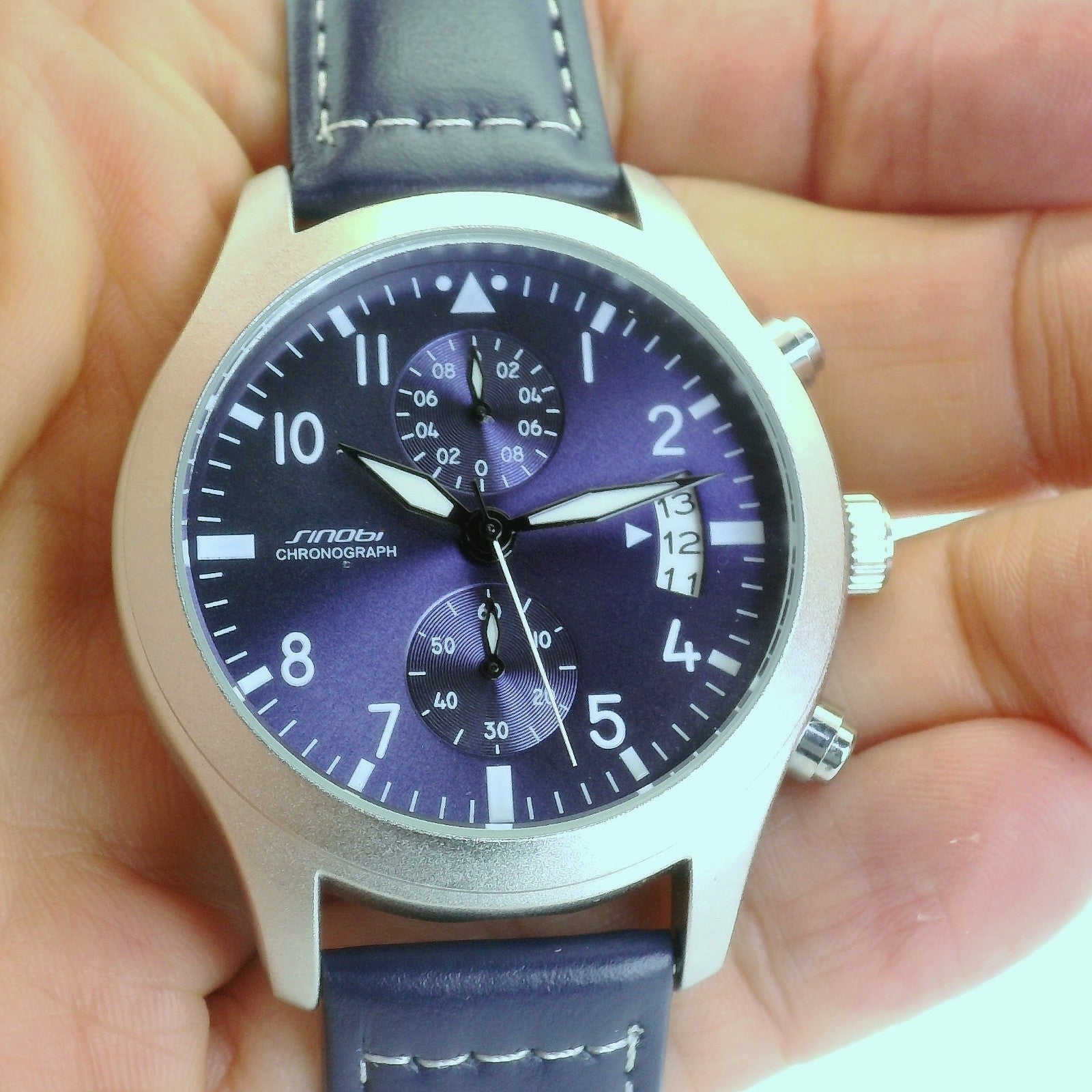 Watch Chronograph Sinobi Date Quartz Leather Strap Navy Blue 42mm