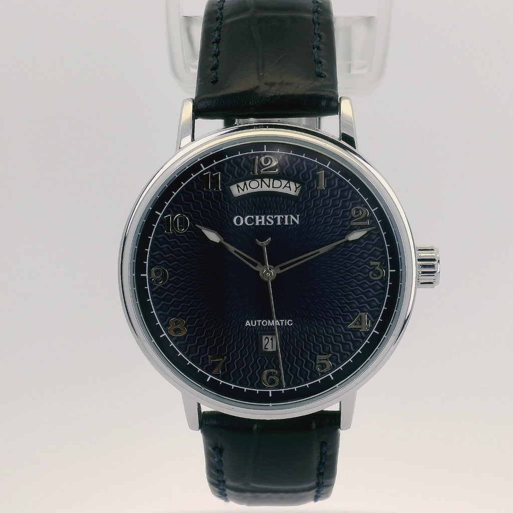 Automatic Mechanical Watch Day-Date Ochstin 22 jewels 42mm - Navy Blue Leather