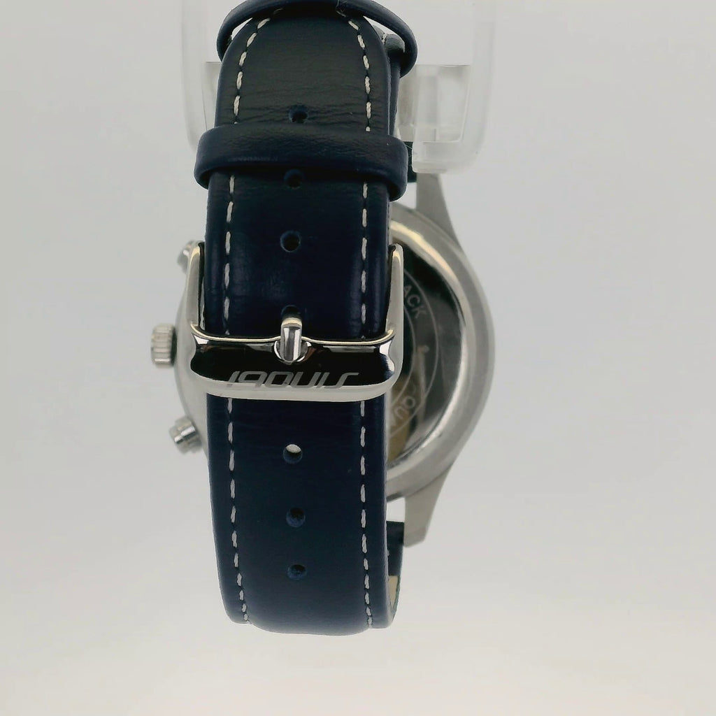 Watch Chronograph Sinobi Date Quartz Leather Strap Navy Blue 42mm