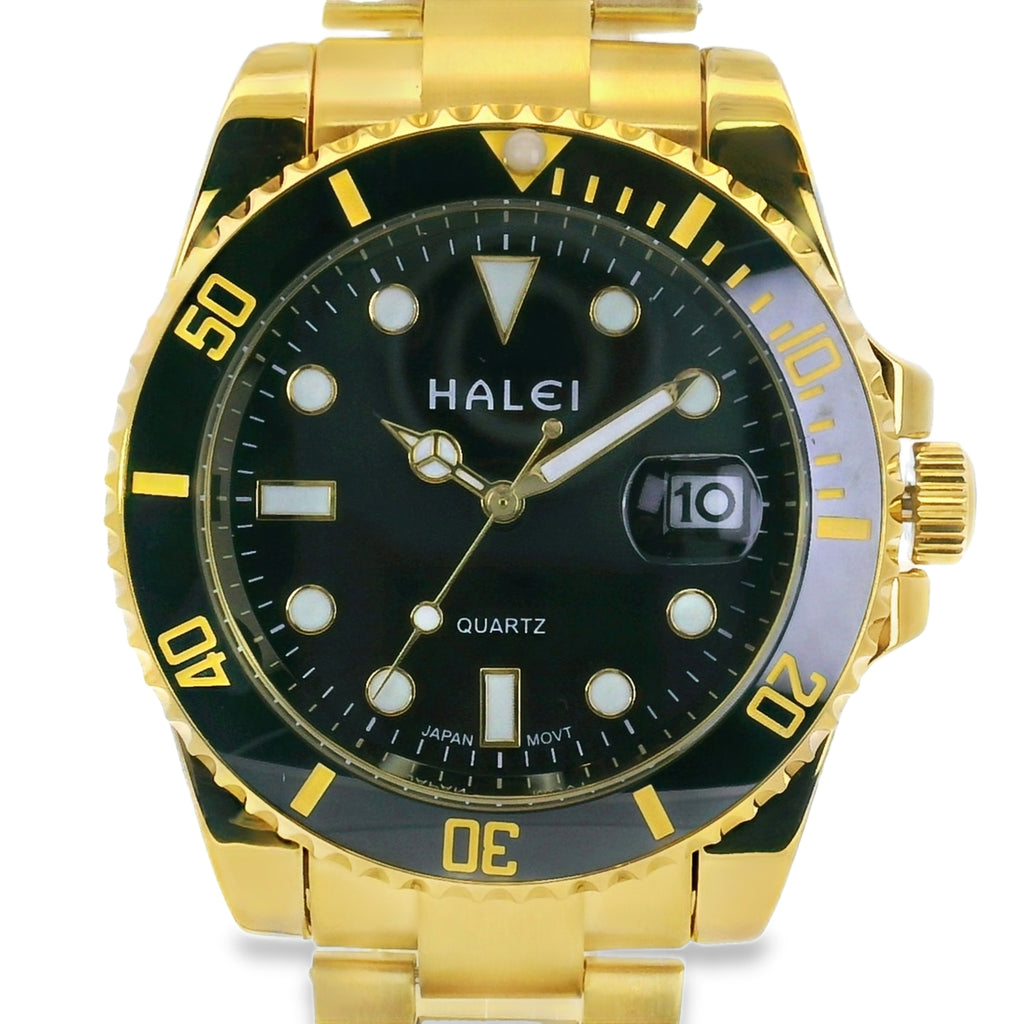 Halei Dive 40 mm Stainless Steel Back Watch – Water‑Resistant, Gold Bracelet, Fast UK Delivery