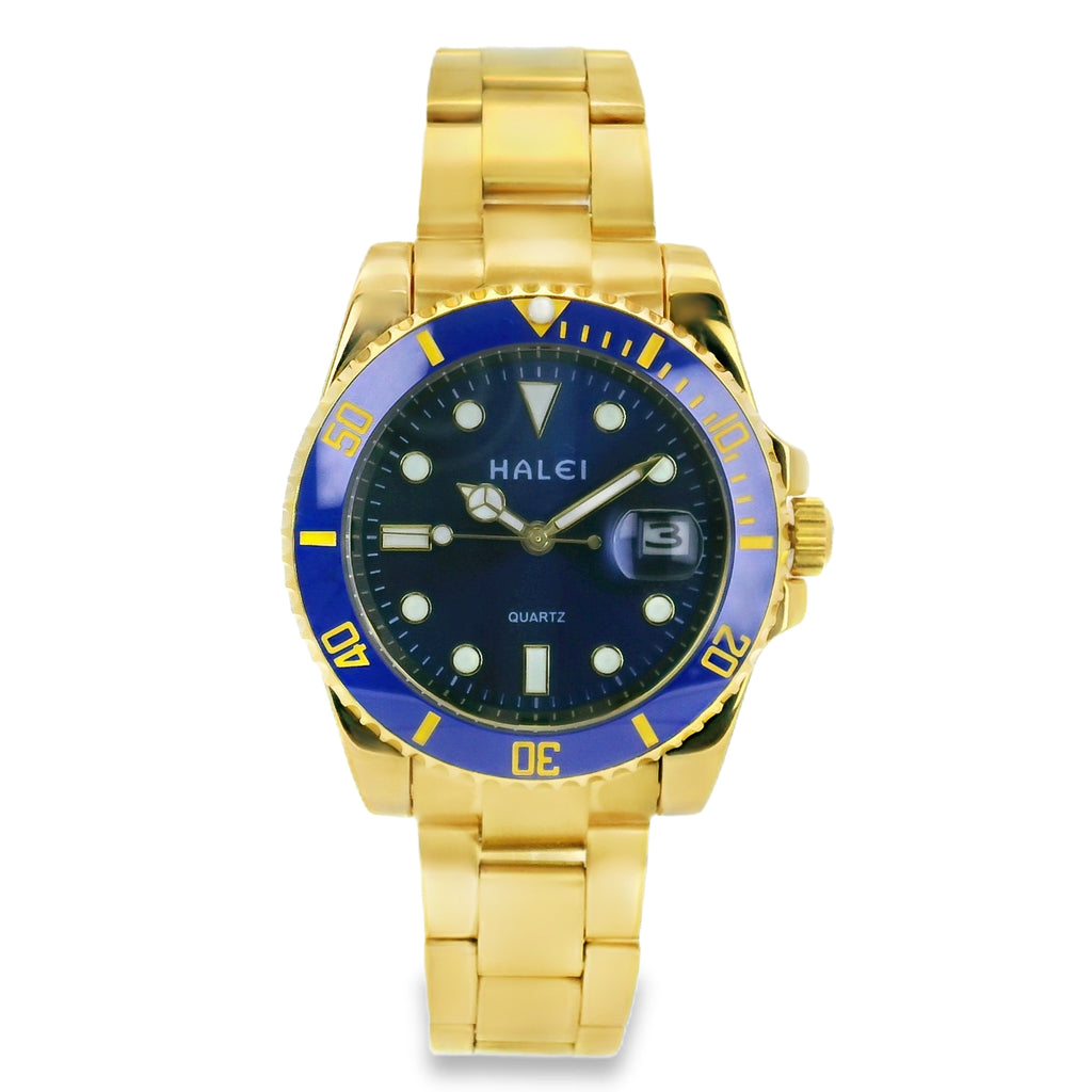 Halei Dive 40 mm Stainless Steel Back Watch – Water‑Resistant, Gold Bracelet, Fast UK Delivery