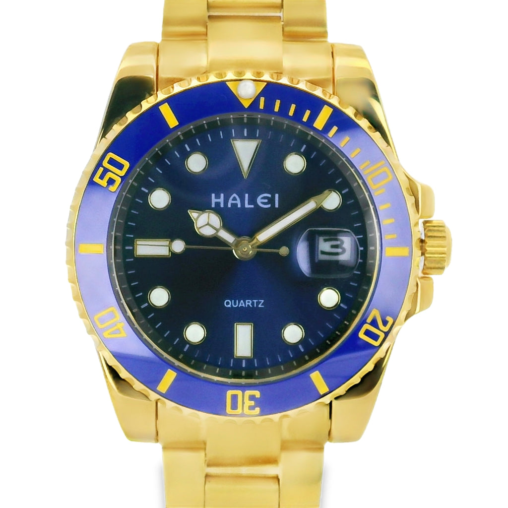 Halei Dive 40 mm Stainless Steel Back Watch – Water‑Resistant, Gold Bracelet, Fast UK Delivery