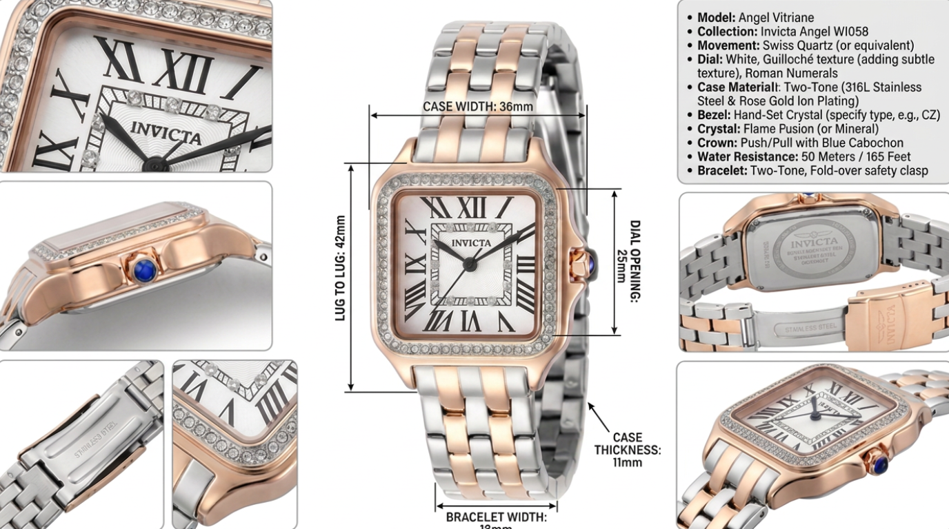 Invicta Angel Vitrine Two‑Tone Square Watch with Crystal Bezel & Roman Dial - Quartz
