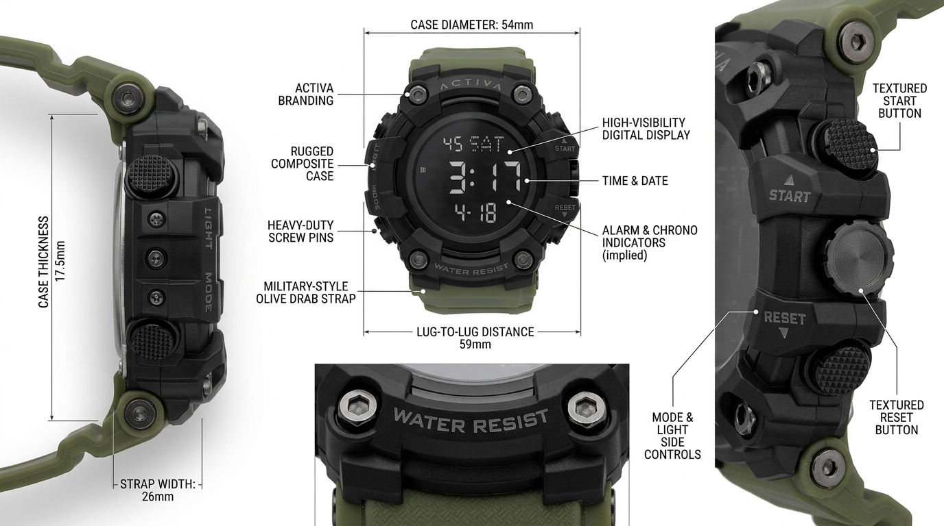 Activa Rugged Olive Green Digital Sports Watch – Military Style, Shock‑Resistant, 50M Water Resistant