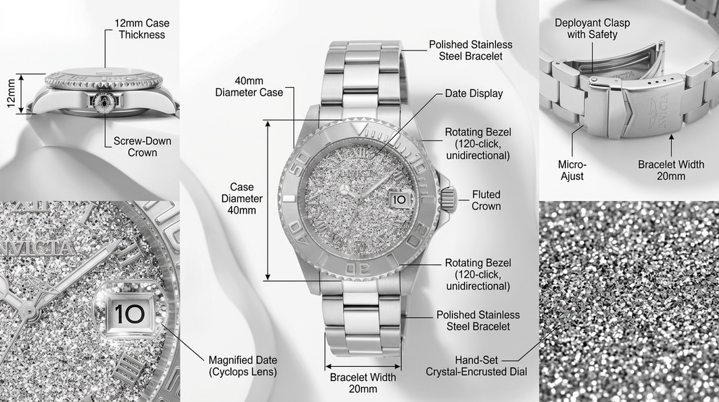 White Gold-Tone Stainless Steel Crystal Watch – 40mm Rotating Bezel, Date Window, Luxury -Quartz