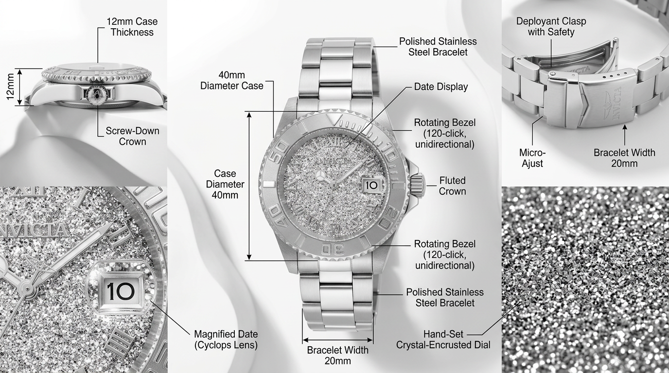 White Gold-Tone Stainless Steel Crystal Watch – 40mm Rotating Bezel, Date Window, Luxury -Quartz