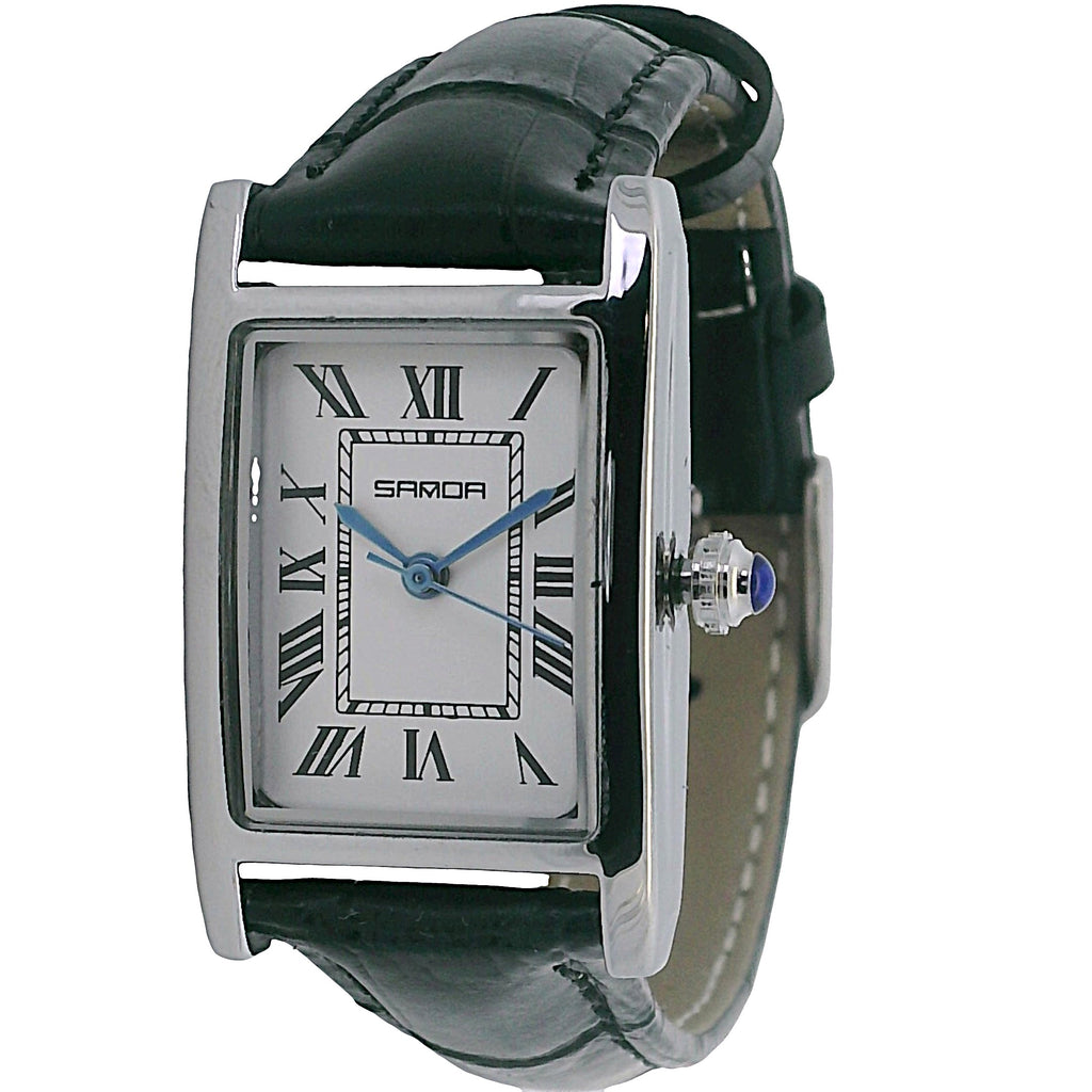 Elegant Samda Metal Watch with Black Leather Strap