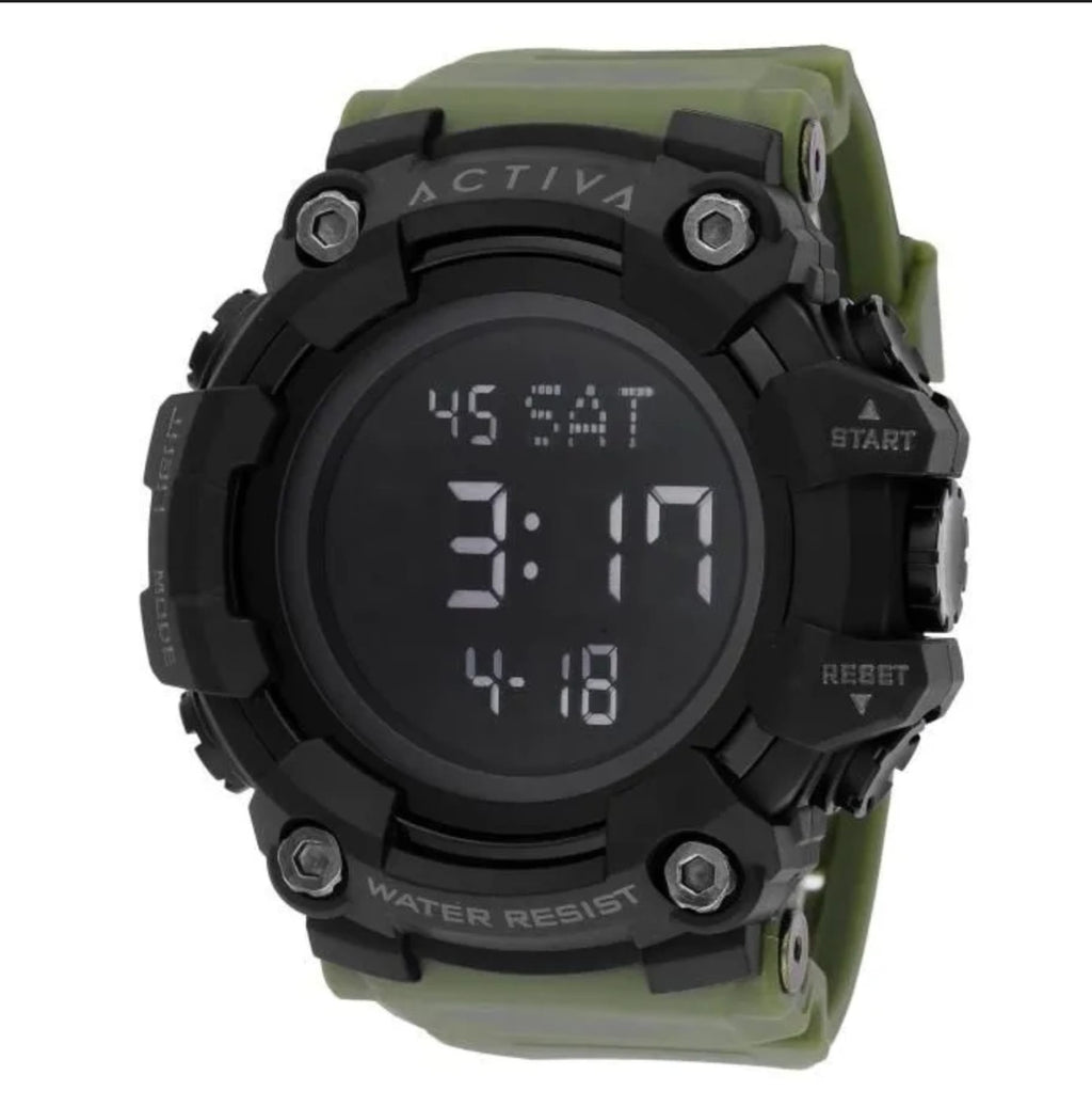 Activa Rugged Olive Green Digital Sports Watch – Military Style, Shock‑Resistant, 50M Water Resistant