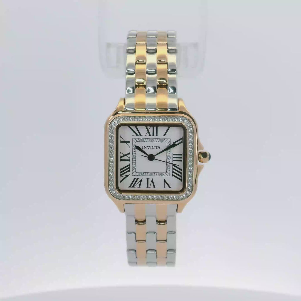 Invicta Angel Vitrine Two‑Tone Square Watch with Crystal Bezel & Roman Dial - Quartz