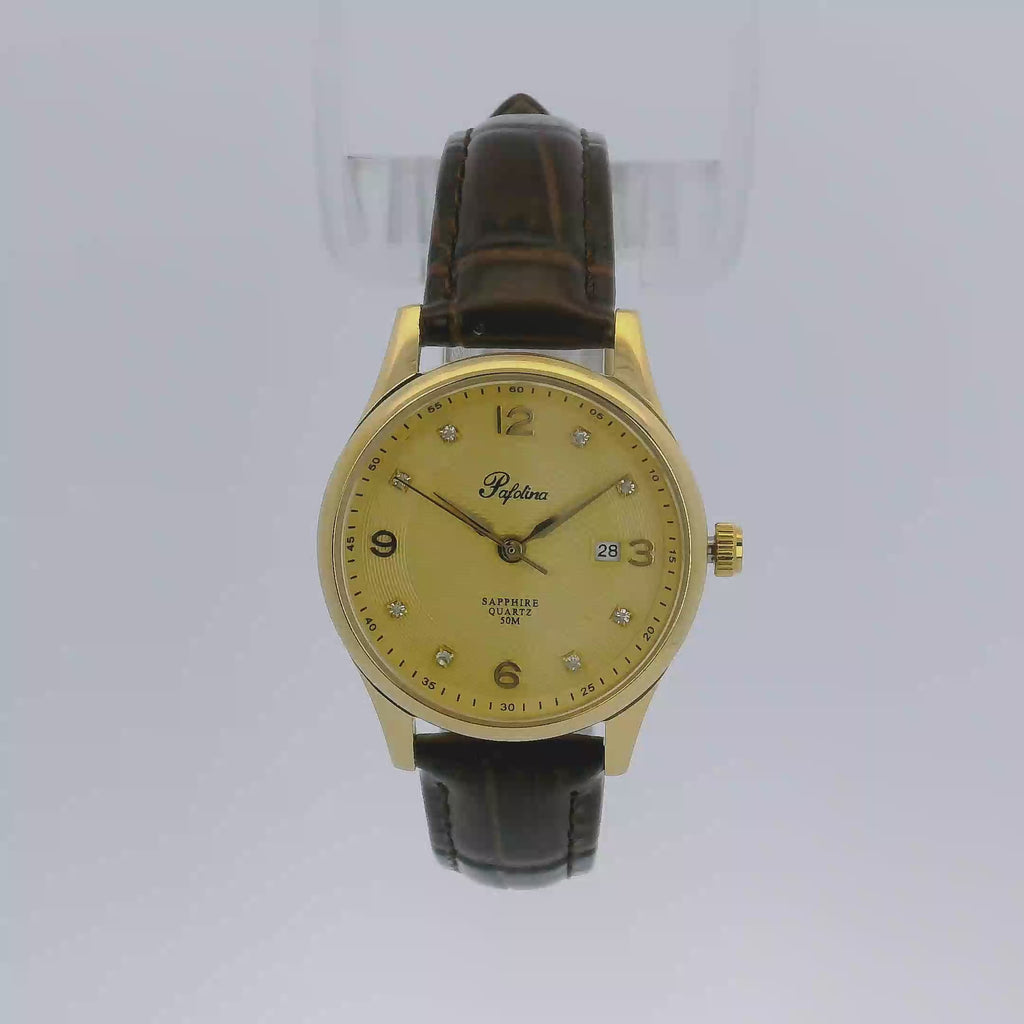 Pafolina Watch Elegant Sapphire Quartz – Classic Gold-Tone & Brown Leather Strap 28 mm