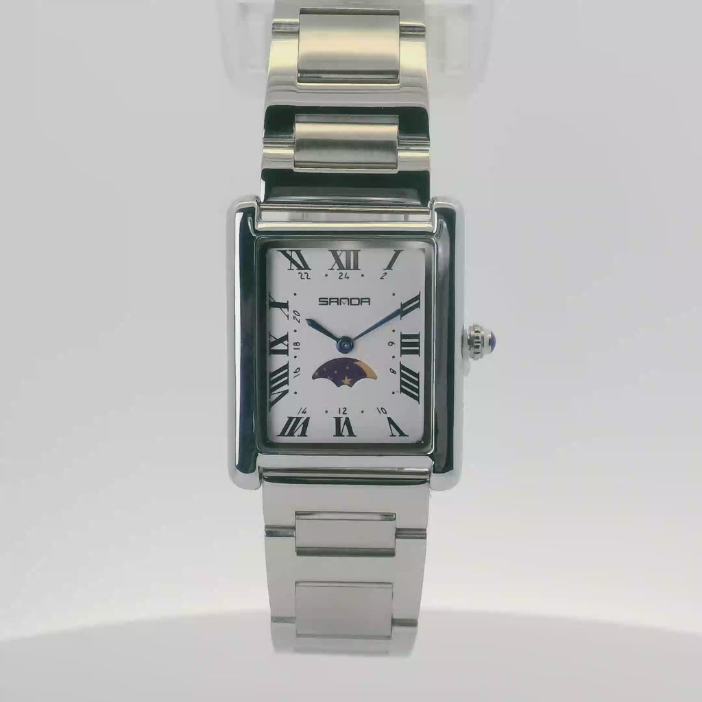 SAMDA WS107S Elegant "Tank" Sun & Moon Ladies Quartz Watch Silver-Tone - 24x31mm Rectangular