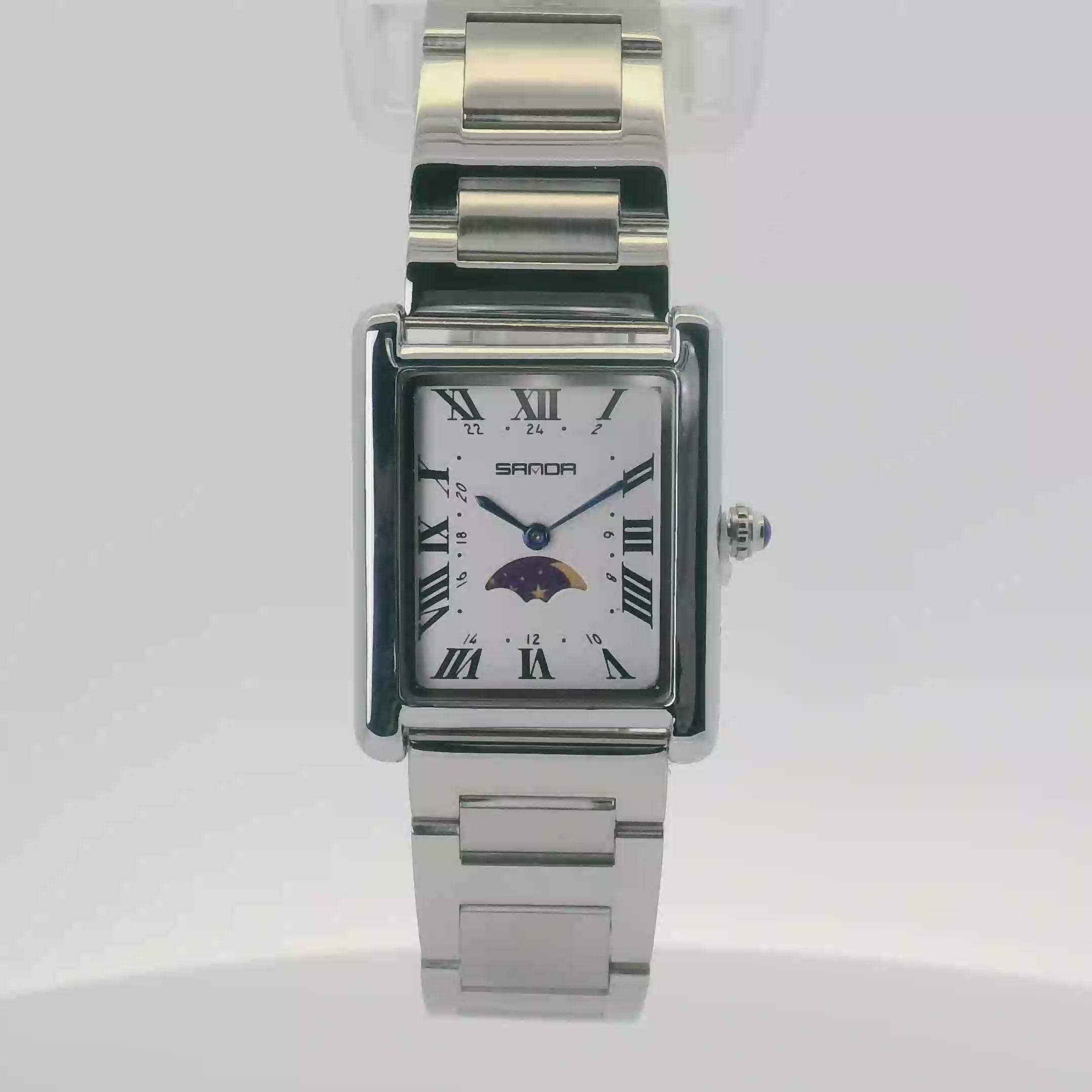 SAMDA WS107S Elegant "Tank" Sun & Moon Ladies Quartz Watch Silver-Tone - 24x31mm Rectangular