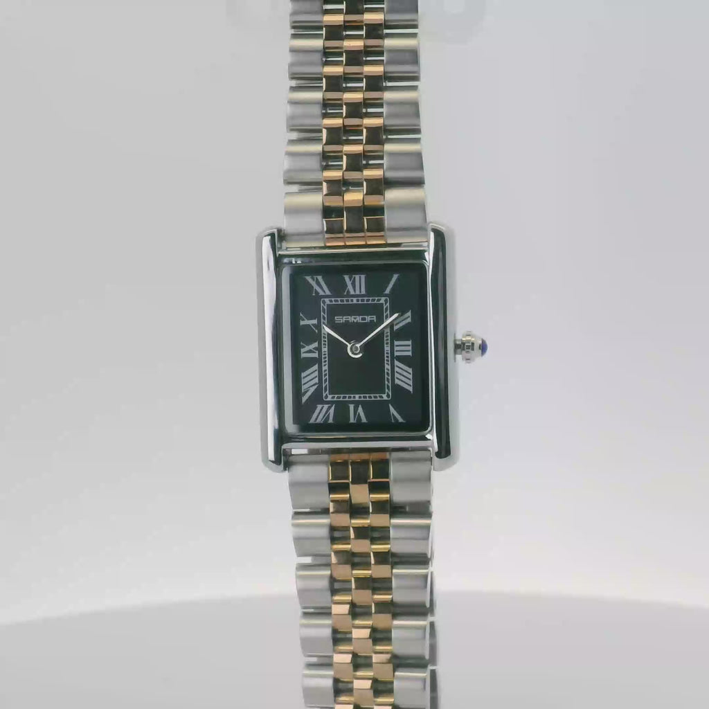SAMDA WS110JP Elegant "Tank" Small Ladies Quartz Watch Two-Tone - 18x26.5mm Rectangular