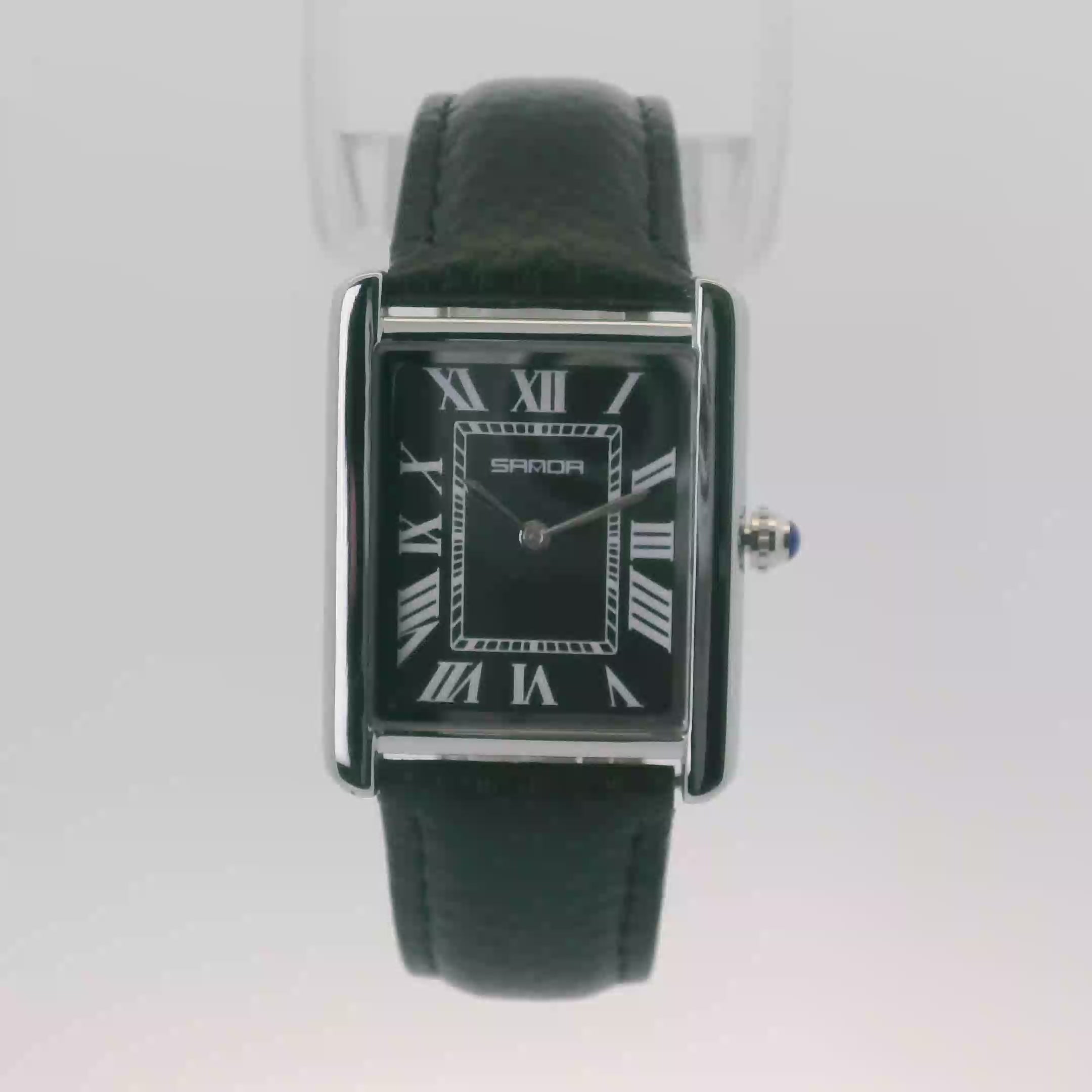 SAMDA WS104LB Elegant "Tank" Large Leather Strap - Quartz Watch Silver-Tone - 27x29mm Rectangular