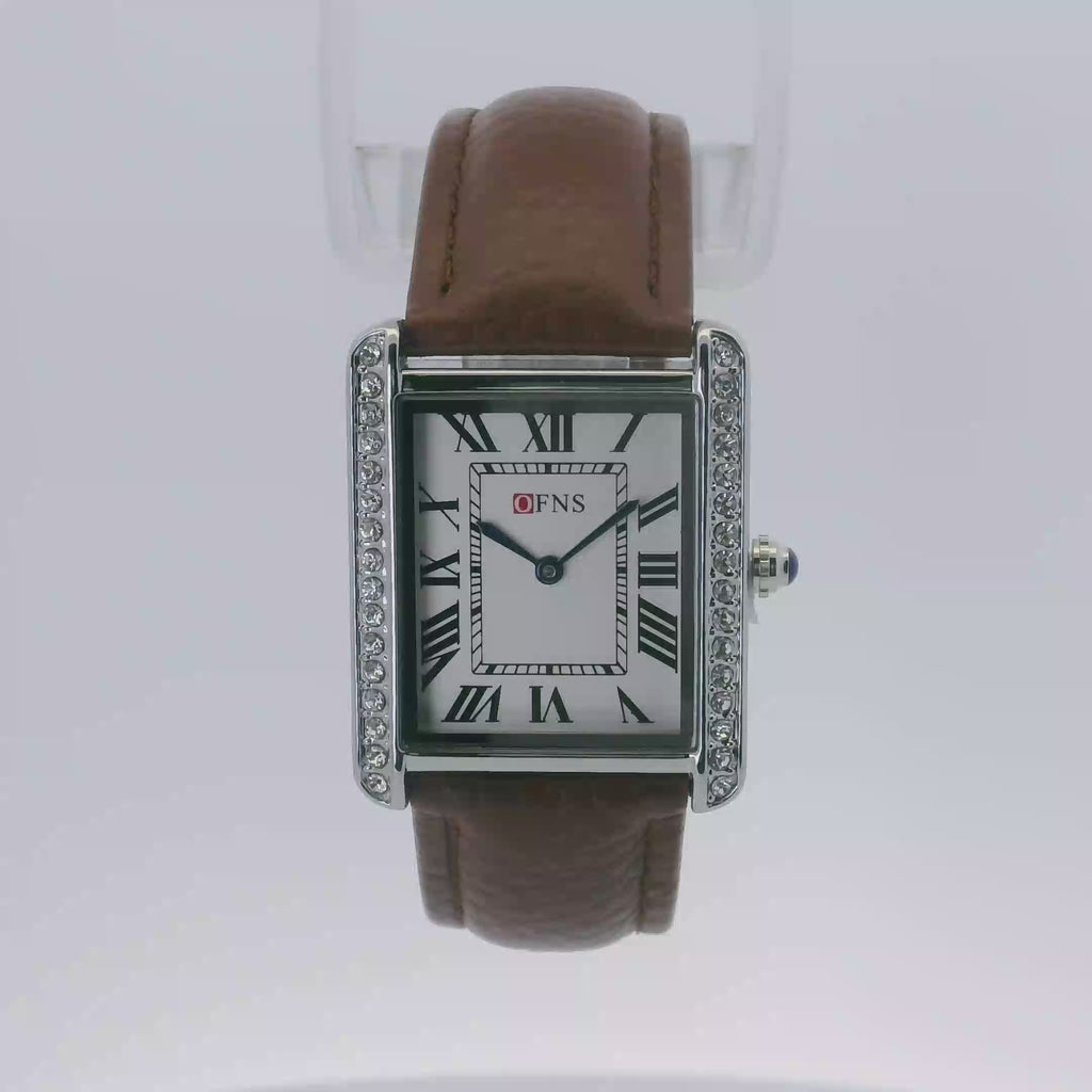 OFNS WS108WBL Elegant "Tank" Large Crystal Quartz Watch Silver-Tone - 28mm rectangular