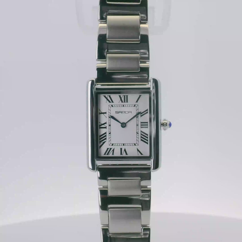 SAMDA WS104SW Elegant "Tank" Large Ladies Quartz Watch Silver-Tone - 27x29mm Rectangular